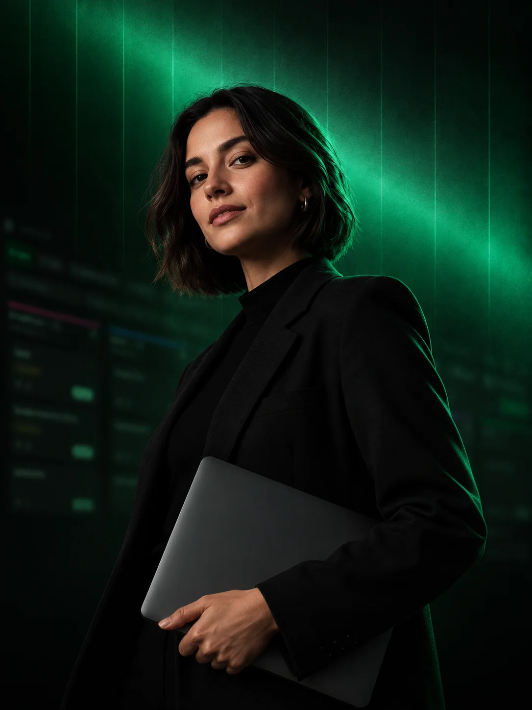 Profissional com laptop, em um ambiente escuro com luz esmeralda.
